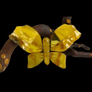 Main photo of Baltic amber butterfly brooch displayed leaning against a cherry tree twig and forward facing. This beautiful brooch is put together with varying pieces of egg yolk and honey amber cut to size to form a stunning yellow butterfly. Apart from the pin, this whole brooch is constructed from amber.