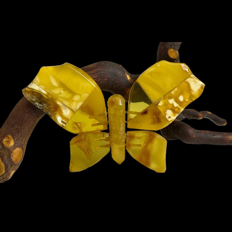 Main photo of Baltic amber butterfly brooch displayed leaning against a cherry tree twig and forward facing. This beautiful brooch is put together with varying pieces of egg yolk and honey amber cut to size to form a stunning yellow butterfly. Apart from the pin, this whole brooch is constructed from amber.