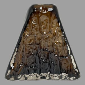 Main photo of Whitefriars pyramid bark vase seen lengthways with the 'volcano' shape in full view. The glass has a lovely bark like texture hence the name with smooth glass to the sides and base. Warm brown cinnamon colour adds another dimension to the volcano theme.