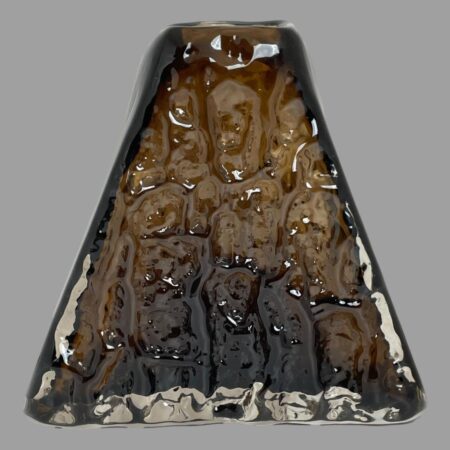 Main photo of Whitefriars pyramid bark vase seen lengthways with the 'volcano' shape in full view. The glass has a lovely bark like texture hence the name with smooth glass to the sides and base. Warm brown cinnamon colour adds another dimension to the volcano theme.