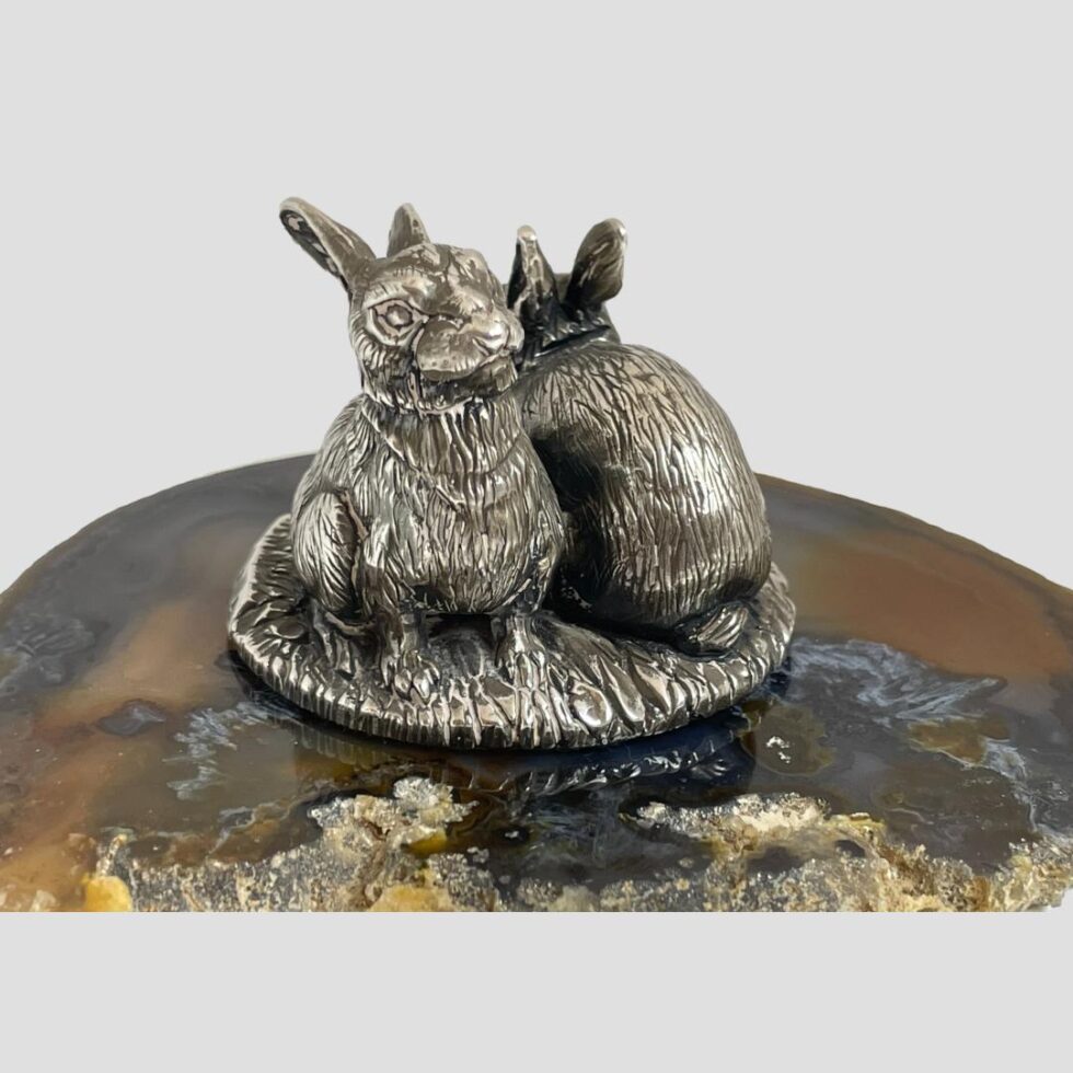 The on watch duty rabbit is to the foreground now and facing towards the bottom right corner of the photo, It is raised up on its from legs. Only the haunches of the other can be seen