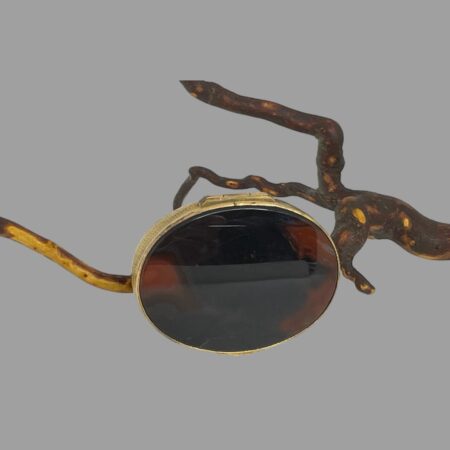 Main photo of antique agate pill/snuff box shown upright on one side and leaning against a twig. The side on display is the lid with the opening flap at the top. The agate on the lid is darker.