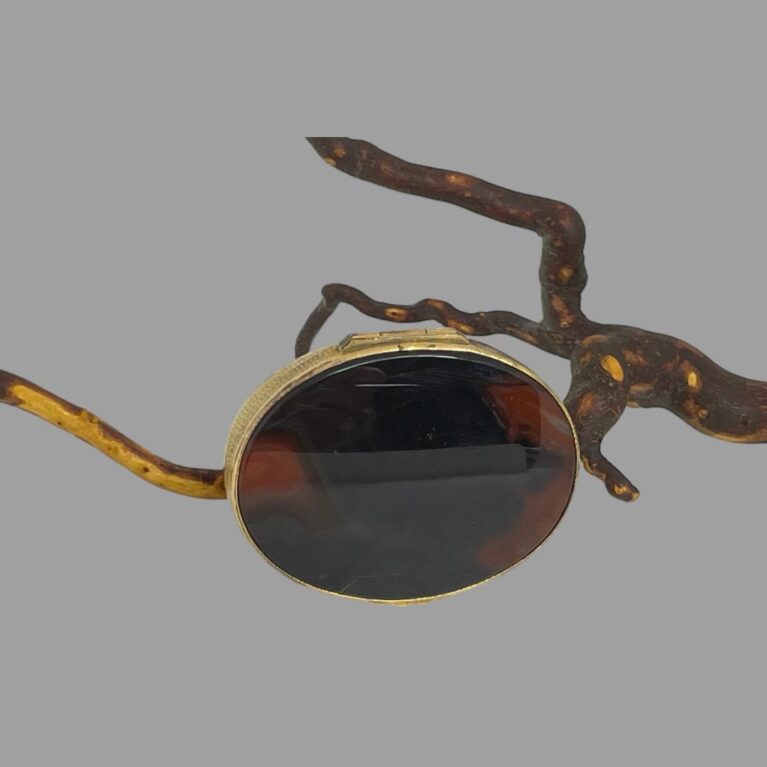 Main photo of antique agate pill/snuff box shown upright on one side and leaning against a twig. The side on display is the lid with the opening flap at the top. The agate on the lid is darker.