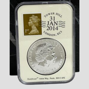 Main photo of silver horse year coin displaying the date stamp side with the late Queens head and 1st class stamp with date stamp of 31st January 2014 franked to the top right corner, the date the year of the horse started in 2014. We are looking at the presentation case straight on from the front. The whole presentation is encased in a Perspex cover.