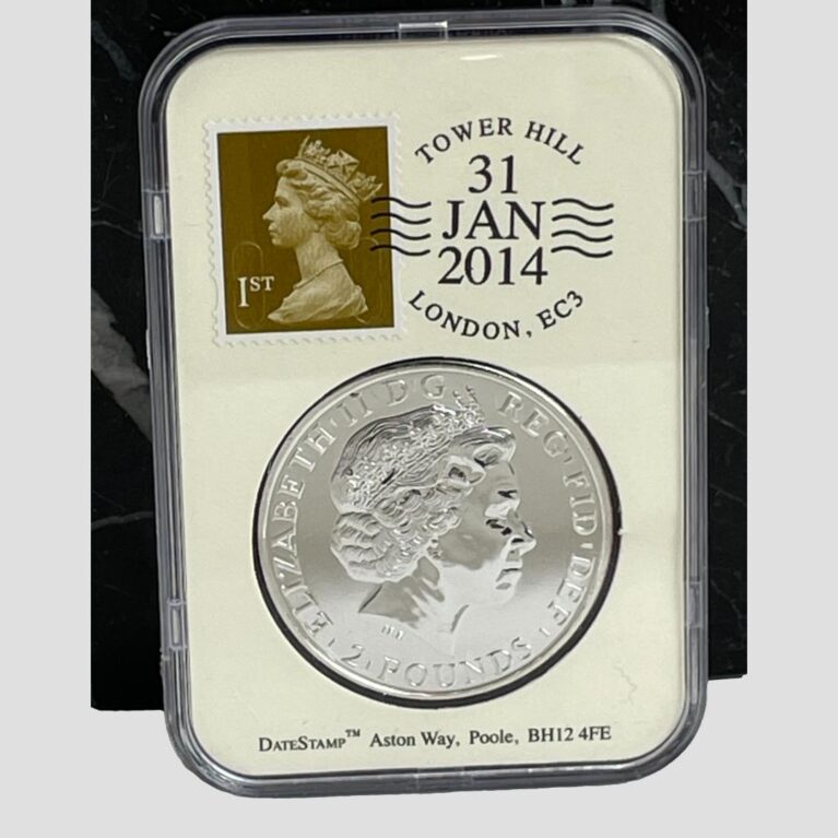 Main photo of silver horse year coin displaying the date stamp side with the late Queens head and 1st class stamp with date stamp of 31st January 2014 franked to the top right corner, the date the year of the horse started in 2014. We are looking at the presentation case straight on from the front. The whole presentation is encased in a Perspex cover.