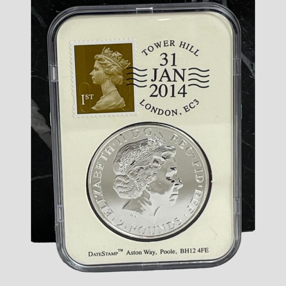 Main photo of silver horse year coin displaying the date stamp side with the late Queens head and 1st class stamp with date stamp of 31st January 2014 franked to the top right corner, the date the year of the horse started in 2014. We are looking at the presentation case straight on from the front. The whole presentation is encased in a Perspex cover.