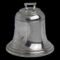 Min photo of antique silver bell inkwell seen with top closed and with the front opening side in the foreground. There is a little arch shaped handle to the top for opening.
