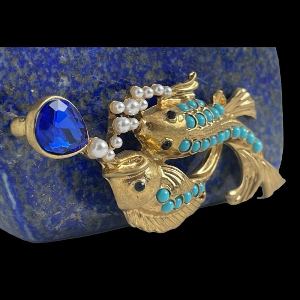 A close up of the fish seen from the blue glass end looking dow at the fish chasing it.