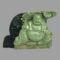 Main photo of lucky Buddha figurine displayed at an eye level with the Buddha forward facing. The front half of the figurine is in a light jade colour and the feng shui coin at the back is a dark green giving a nice contrast. Even with the few chips of the stone, this is a lovely piece.