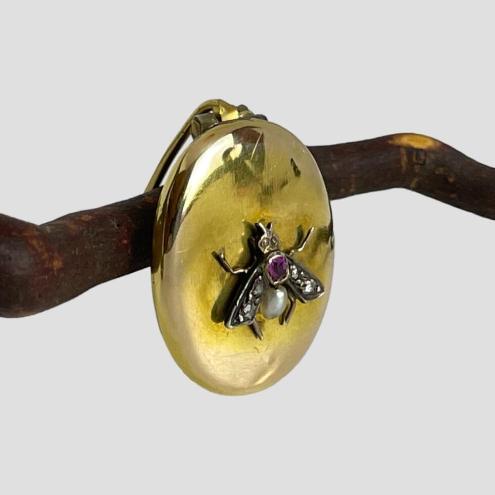 Photo of locket brooch still leaning against a twig this time with the front facing towards the bottom right corner.