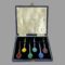 Main photo of silver enamel spoon set displayed with all spoons inside their original fitted case in a rainbow colour formation. Harrods London is printed on the silk inside lid (some staining visible on the silk top right corner)