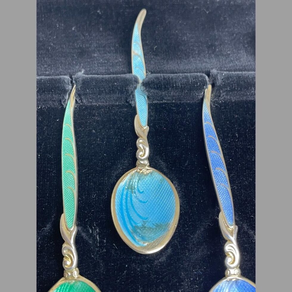 Close up photo of the turquoise enamel spoon inside the case to show the enamel damage.