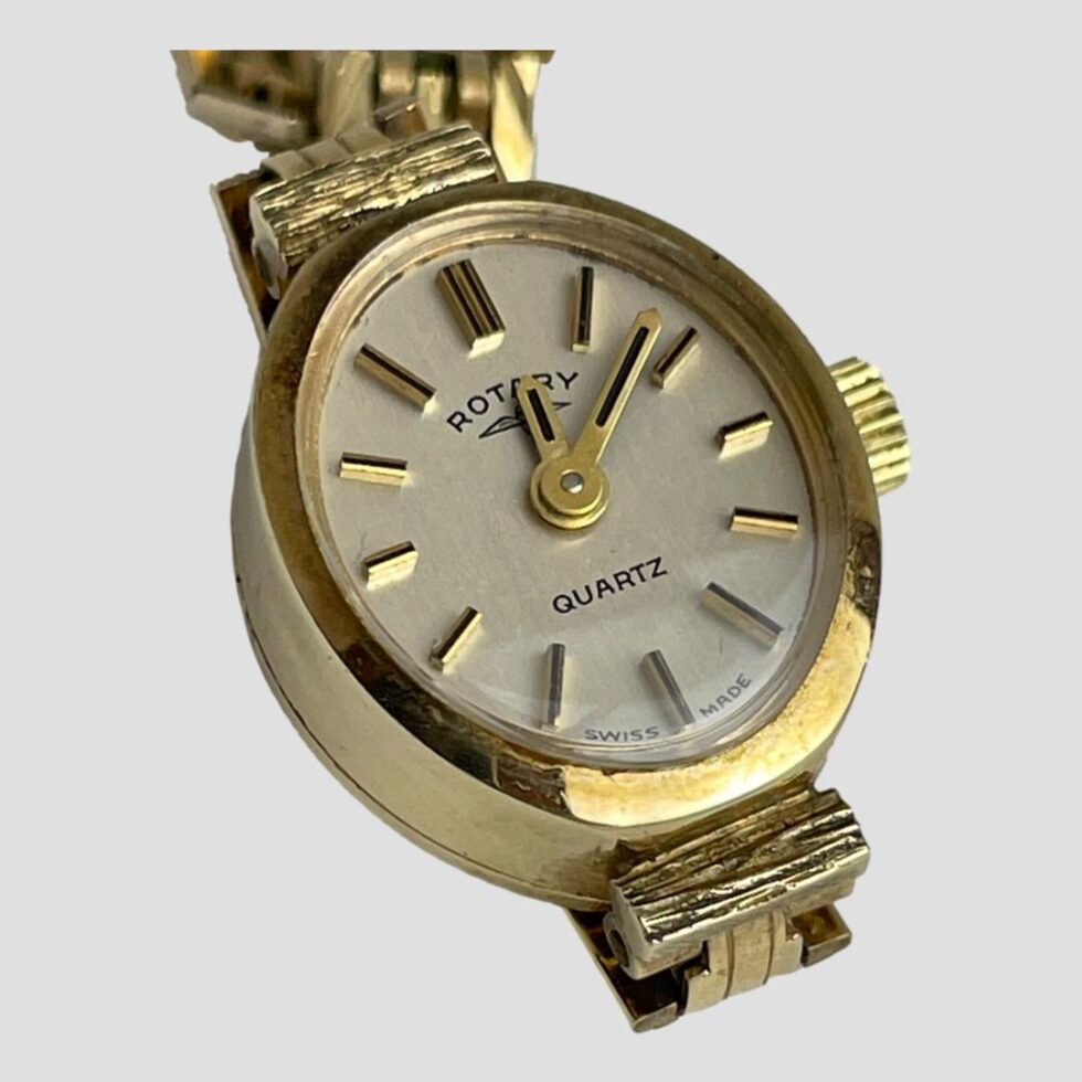 A close up photo of the watch face showing the Rotary name and mark.