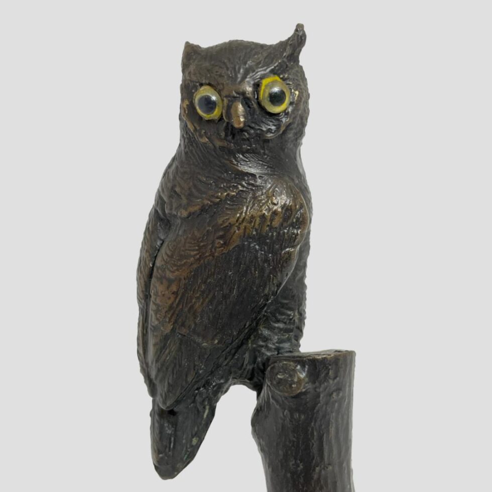 Close up photo of the fabulous small bronze owl looking straight to camera. The wonderful textures of the piece are clearly visible here.