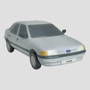 Main photo of limited edition Lladro Ford Escort displayed on a flat surface with pale grey tone background. The car is facing the bottom right corner of photo. The car front has the Ford badge in blue and white and number plate below which reads 1990, the year of manufacture. The car body is a light grey with black tyres, wing mirrors & reg number. The number plate itself and front lights are white with orange indicator lights at front and back and red brake lights at back. The windows are a darker grey. For an item made of porcelain, this is a well thought out and lifelike model!