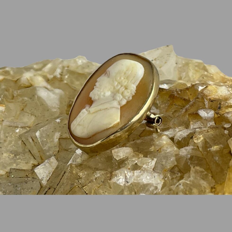 Photo of 19th century Shakespeare cameo still displayed on a rock of river quartz this time with the brooch front facing towards the top left corner.
