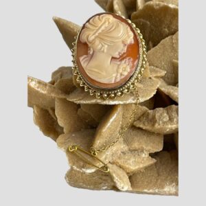 Main photo of 9Kt gold cameo brooch displayed perched on a rock of natural desert rose and shown with the brooch forward facing. The woman is in profile to the right and looking slightly downward with a pensive expression. Beautifully carved, her hair is up with a band adornment and she has a flower to her right shoulder. The outer rim of the brooch has 2 gold twist frames - the inner frame is a tight twist and the outer one a larger and wider twist. A very dreamy piece!