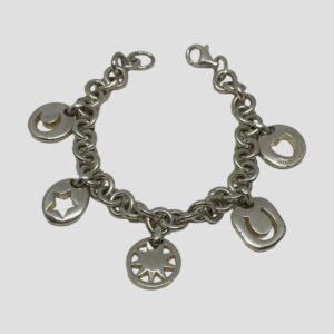 Main photo of Tiffany &Co charm bracelet displayed in an open circular form on a plain white surface. The chain of the bracelet is made up of multiple ring links making it easier to add more charms if desired. The chain is laid out on the inside with the 5 evenly spaced charms sticking out around the outside. The clasp is shown undone. A lovely bracelet from an iconic brand.