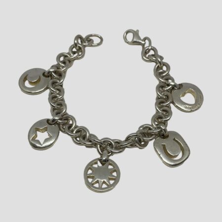 Main photo of Tiffany &Co charm bracelet displayed in an open circular form on a plain white surface. The chain of the bracelet is made up of multiple ring links making it easier to add more charms if desired. The chain is laid out on the inside with the 5 evenly spaced charms sticking out around the outside. The clasp is shown undone. A lovely bracelet from an iconic brand.