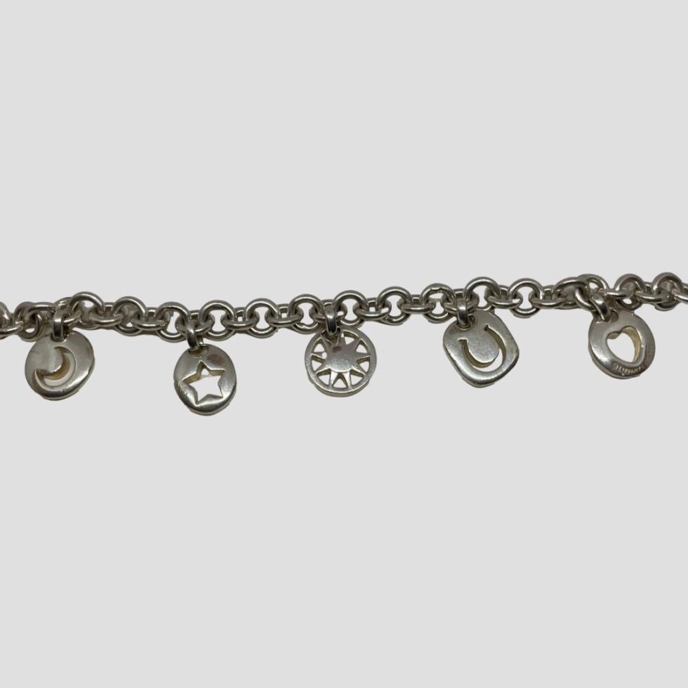 Photo of Tiffany &Co charm bracelet laid out in a straight horizontal line with chain at top and the evenly spaced charms below.