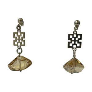 Main photo of champagne quartz earrings displayed hanging from a clear display stand and shown side by side. The earrings have a post and butterfly fixing with an Oriental style panel below and a generous sized piece of champagne quartz hanging at the end. The quartz has been polished but fairly roughly faceted so they look as natural as possible. These earrings would not look out of place at a roaring 20s flappers party accessorizing a gorgeous flapper dress.