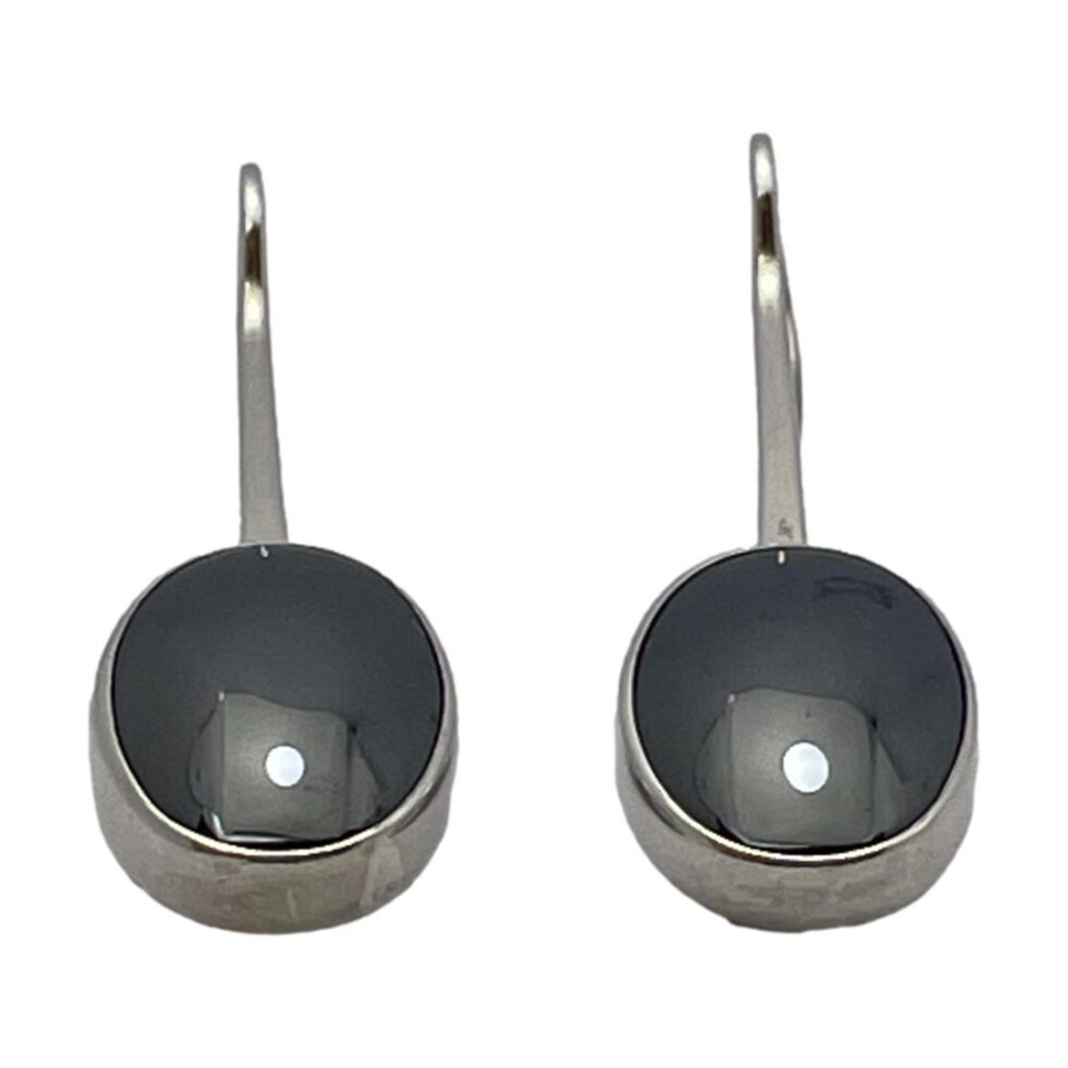 Photo of both earrings laid side by side on a flat surface with the stone ends in the foreground.