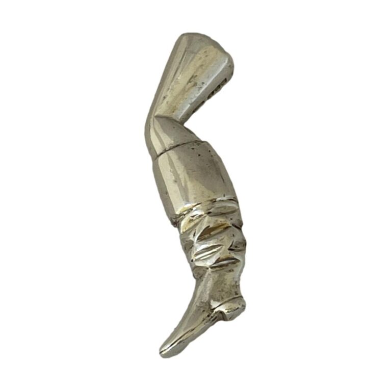 Main photo of booted leg pipe tamper displayed laid flat against a white background and shown vertically. Nice detailing to the boot where ruffles in the 'skin' are visible. The hallmark can just be seen behind the leg at top. Fun item perhaps a little too quirky for some! The leg is quite slender & shapely hence high possibility of it belonging to a highwaywoman !
