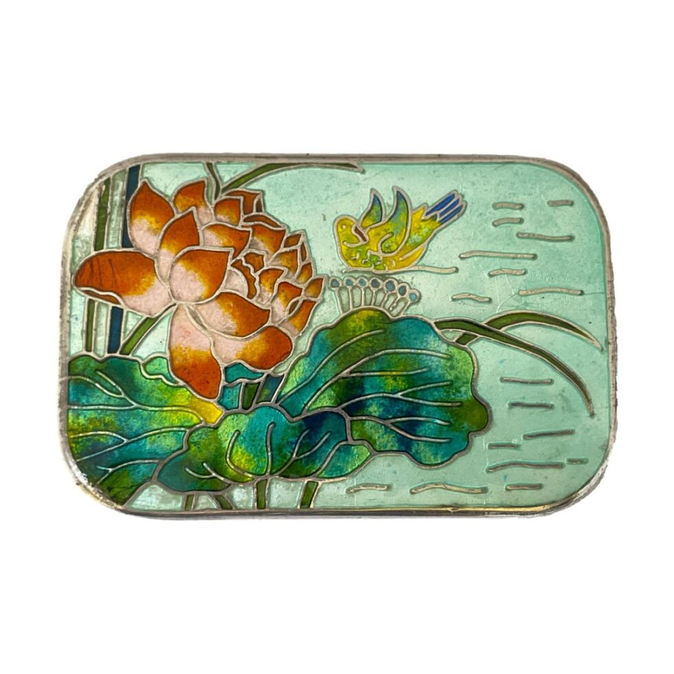 Photo looking straight down at the box lid and the beautiful enamel decoration and colours.