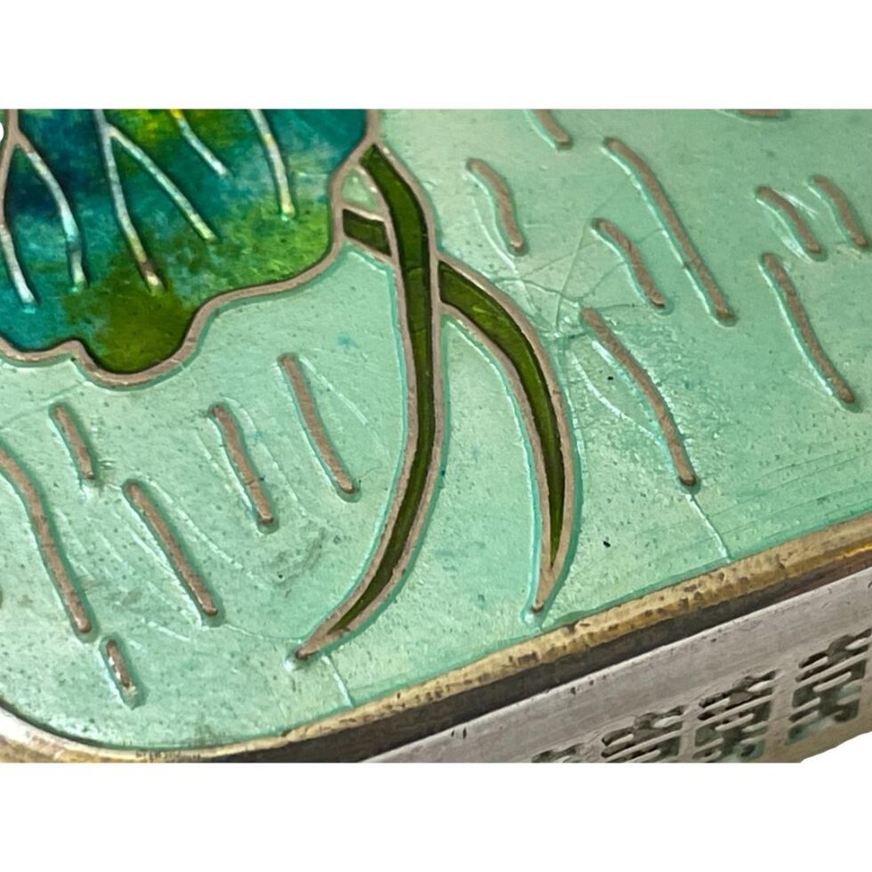 Close up photo of the light cracks in the enamel of the water.