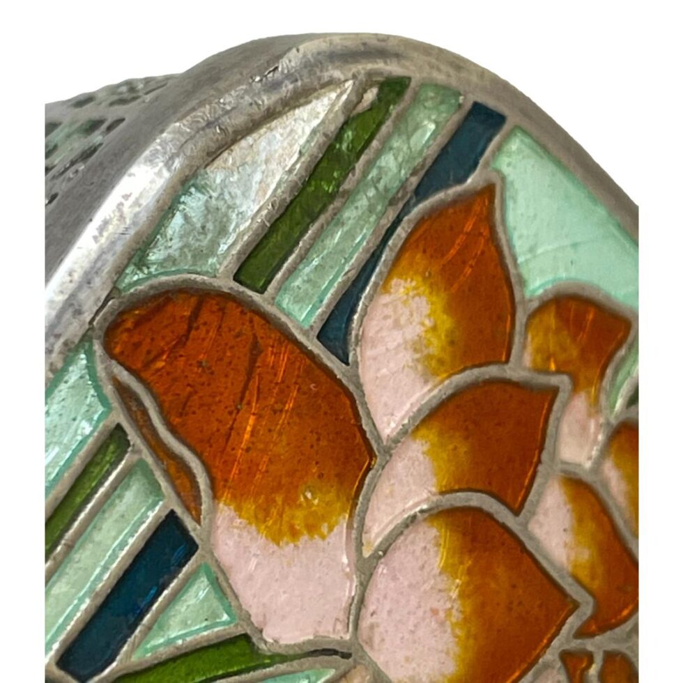 Close up photo of the dint to the top right corner of box by lotus flower.