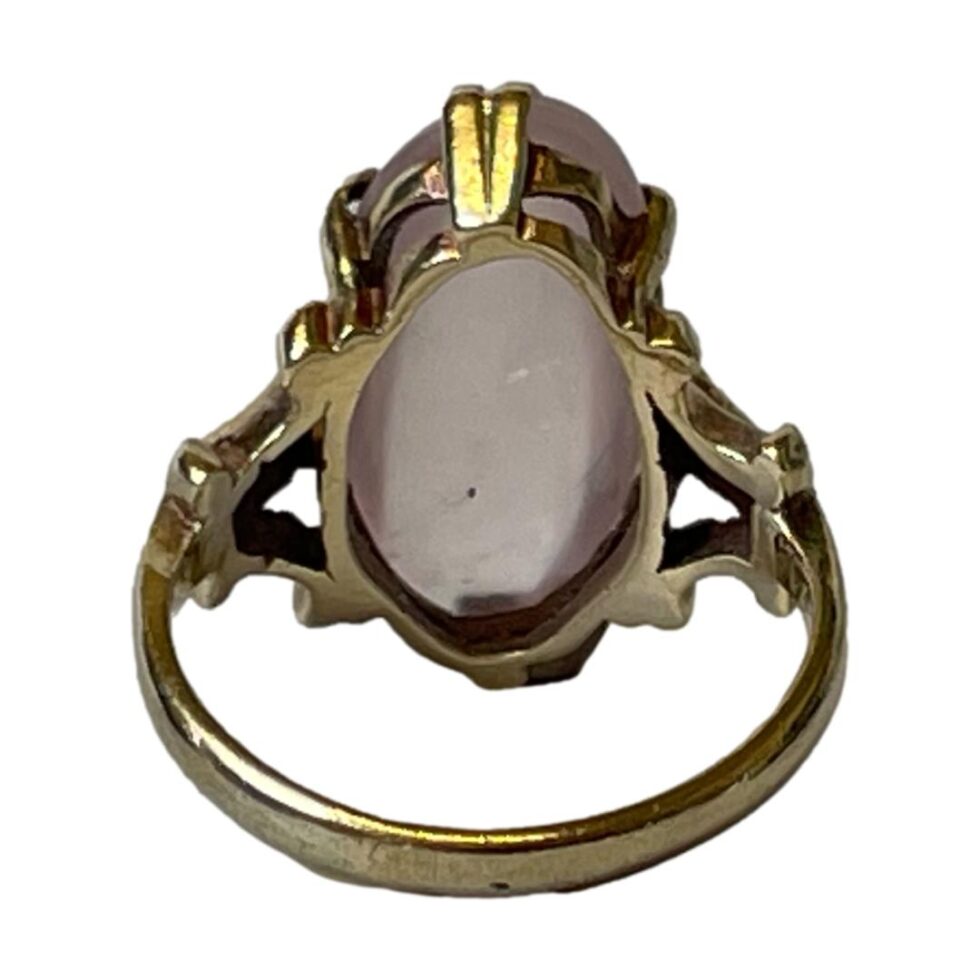Photo of the back of gold rose quartz ring showing the setting for the stone at the back.