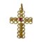 Main photo of 18Kt cross with ruby displayed against a white background with the front of cross forward facing. The gold work of the cross is as explained in description and the ruby which is round cut is a wonderful shade of almost shocking pink.