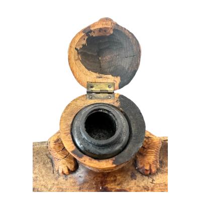 Photo of cat inkwell displayed with head tipped back to reveal the ink bottle inside About half of the interior is ink stained although does not show from the outside.