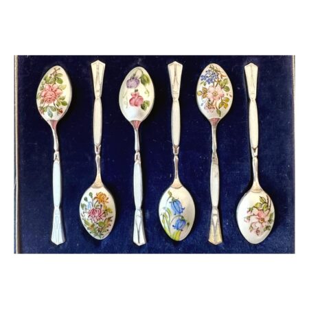 Main photo of H.C.Davis enamel coffee spoons shown displayed inside their case with just the fitted spoon section showing. The spoons are displayed bowl down to display the different floral enamel decoration to each. Amongst the selection are roses, blossoms to name 2.