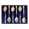 Main photo of H.C.Davis enamel coffee spoons shown displayed inside their case with just the fitted spoon section showing. The spoons are displayed bowl down to display the different floral enamel decoration to each. Amongst the selection are roses, blossoms to name 2.