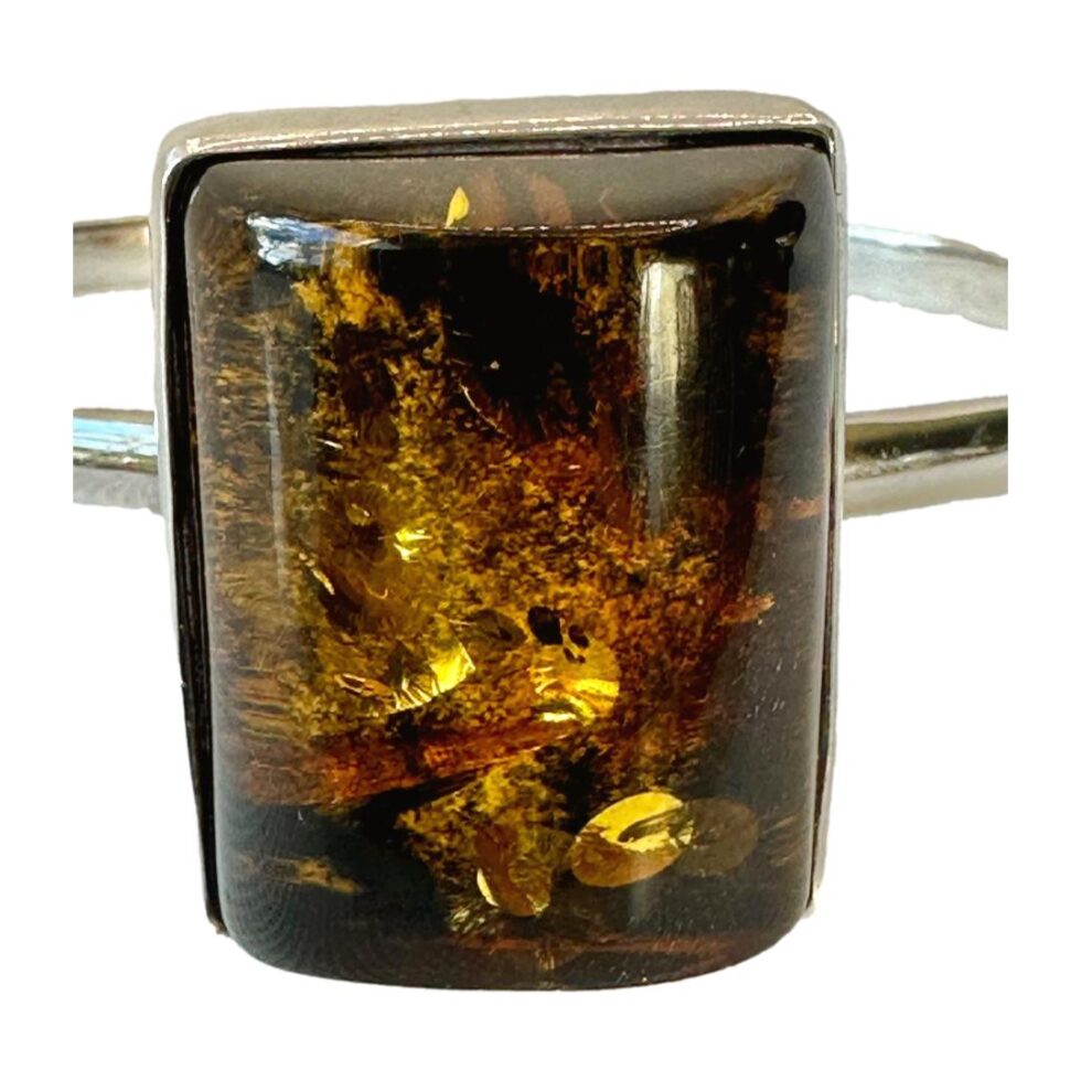 Close up photo of the large amber piece showing the multiple seed inclusions. The amber is a rectangular shape with a smooth rounded curved front.