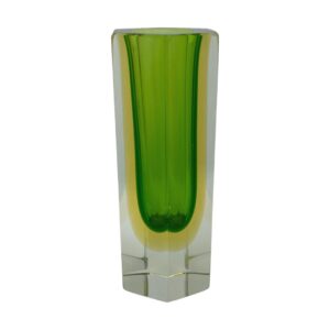 Main photo of mid century Sommerso vase seen from an eye level with the colours neatly within their blocks; clear glass at base and outer edge followed by a yellow line then a block of bright green. Fabulous vase that changes with every different angle.