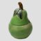 Main photo of Doulton pear preserve pot seen from an eye level. The pear is a green colour with short brown stalk ad 2 darker green leaves at the top. The lid is proportionate to the bottom half.