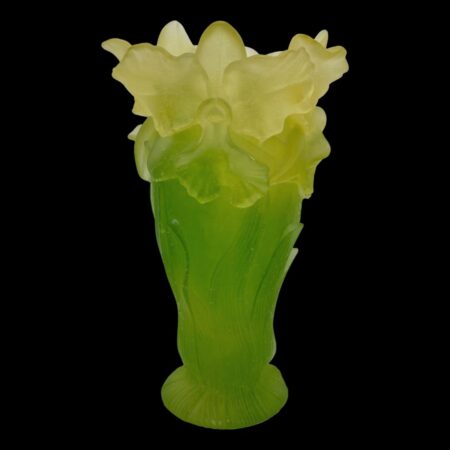 Main photo of Daum Art Nouveau vase displayed with one whole orchid flower visible at the top. The vase is beautifully made with pale yellow orchids moulded at top and bright green crystal below the flowers going down to base to appear like a bunch of upright orchid flowers. This vase is stunning with or without flowers.