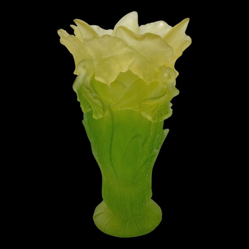 Photo of Daum Nouveau vase from another angle this time with 2 orchids in profile one to each side at top.