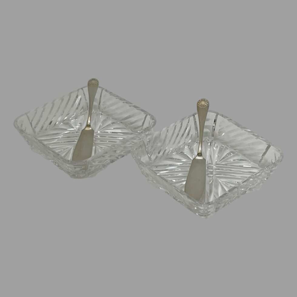Photo of the 2 butter dishes displayed side by side on a flat surface with the butter knives resting inside.