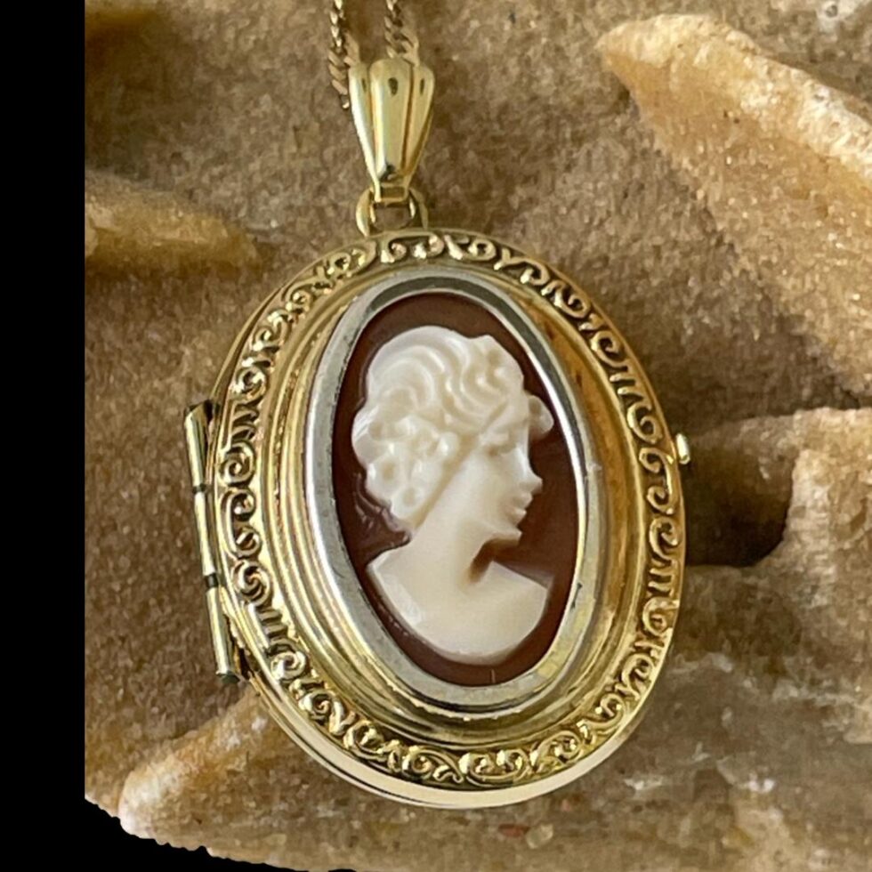 Another close up of the cameo front this time with no light shining on it giving a darker hue to the background shell colour. The profiled female has a young demeanour about her.