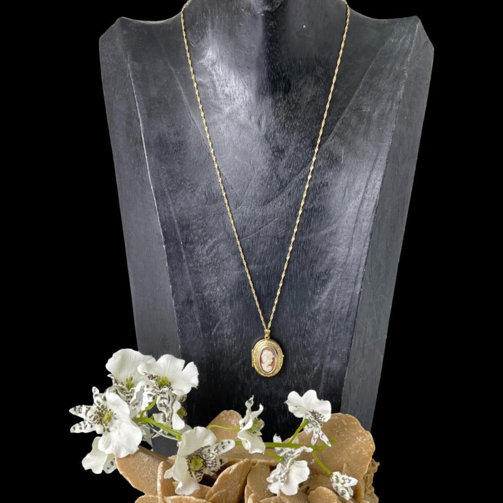 Main photo of gold cameo locket & chain displayed on a black wooden display stand and seen with necklace front forward facing. The chain is a generous length at 460mm long and compliments the locket perfectly. There is a rock of desert sand rose with white orchids at the base of the display which has colours similar to the cameo.