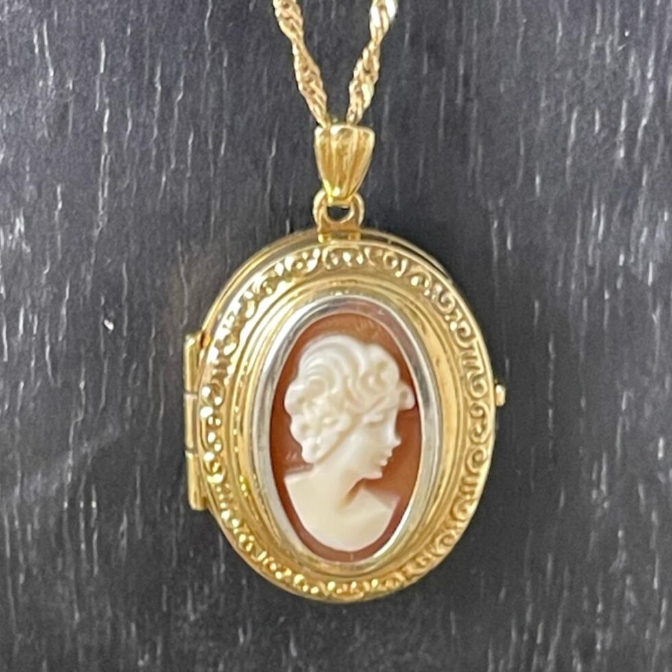 Close up photo of the cameo area of necklace still displayed hanging on the black wooden stand.