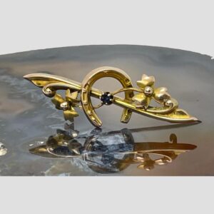 Main photo of Edwardian gold sapphire brooch displayed forward facing on top of some natural agate. The horseshoe is in the centre with the pin bar going through it. A single round cut sapphire sits in the middle. A twig with leaves or maybe flowers on either end sits across the pin bar and behind the sapphire so the pin bar and twig crisscross in the middle. The pin is open and propping the brooch upright. The horseshoe is displayed the correct way up with the opening at the bottom to 'let the luck flow'
