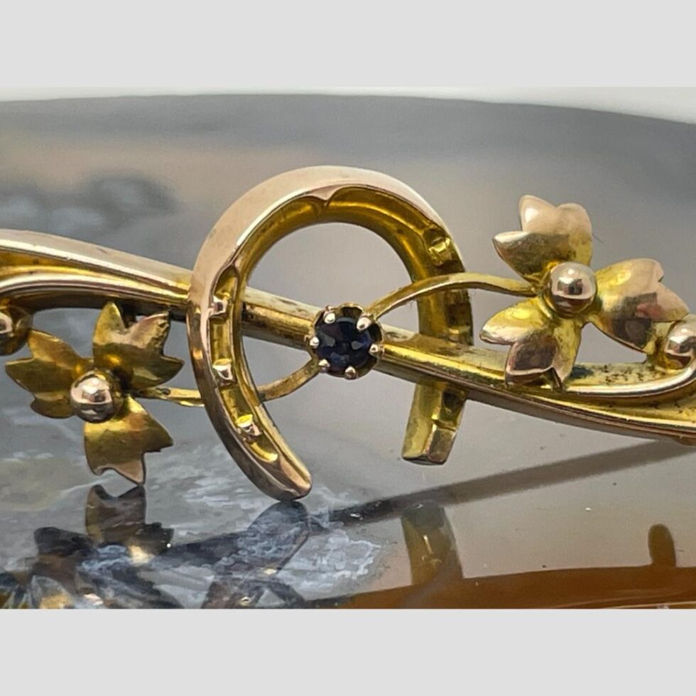 Close up photo of the central area of the brooch showing the sapphire, horseshoe & foliage design in detail.