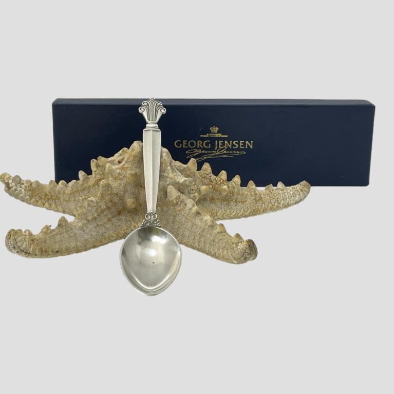 Main photo of Jensen sterling silver spoon displayed outside of its box and posed leaning upright on a starfish. The bowl is between 2 of the starfish limbs and the handle is leaning against the starfish body. The original blue Georg Jensen box is behind the display