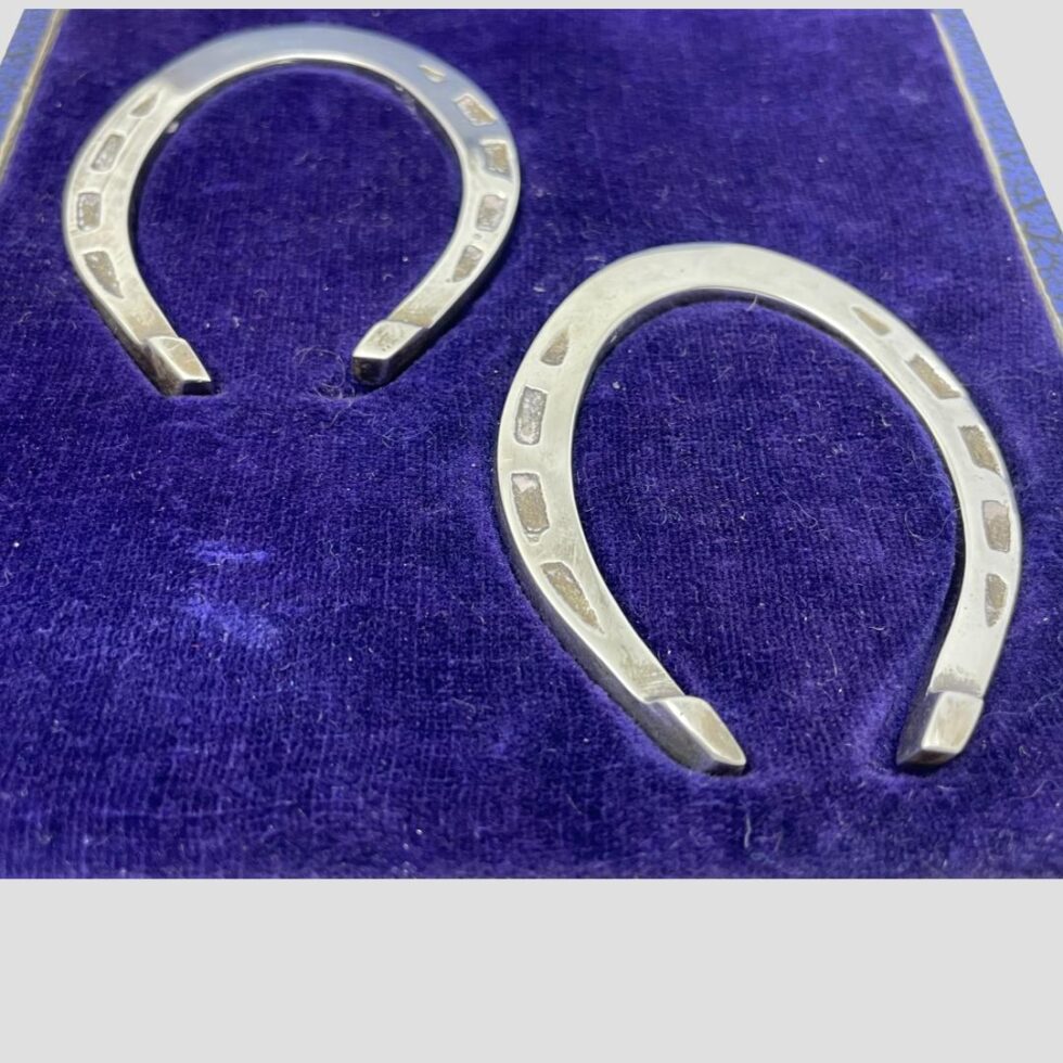A close up of both horseshoes displayed inside their case with the nail hole side up on both.