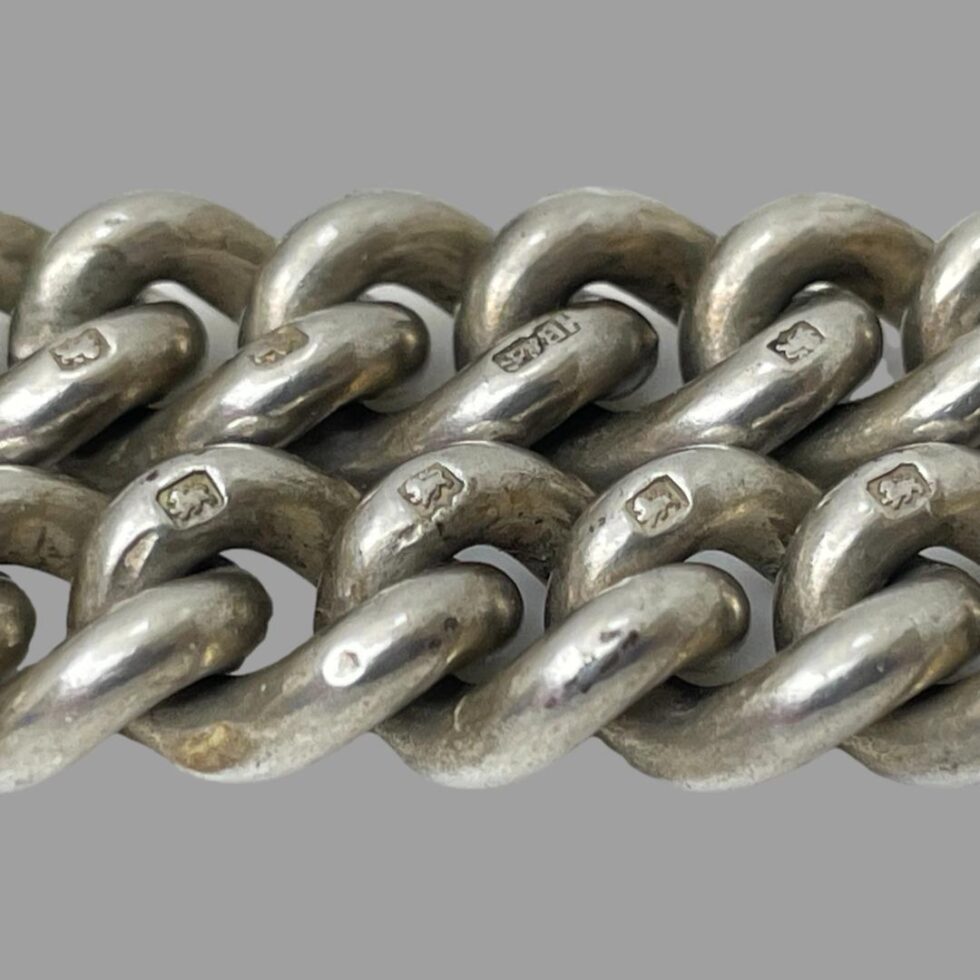 A close up photo of some of the lion passant marks on the chain links including the makers initials at centre top.