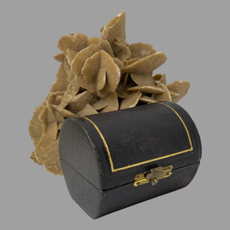 Photo of the napkin rings case shown closed and displayed in front of the rock of desert sand rose.